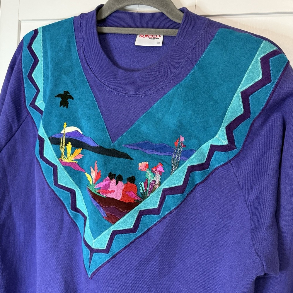 Vintage Southwestern Purple Sweatshirt XL Faux Suede Appliqué Sunbelt 90s USA